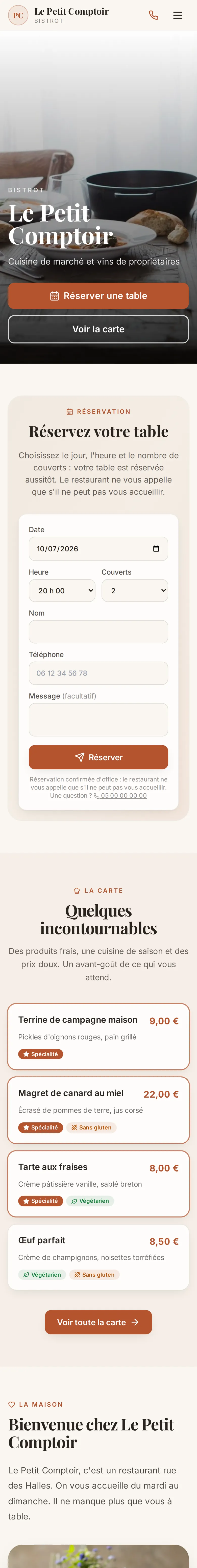 Un site Carte Blanche : accueil, réservation, carte
